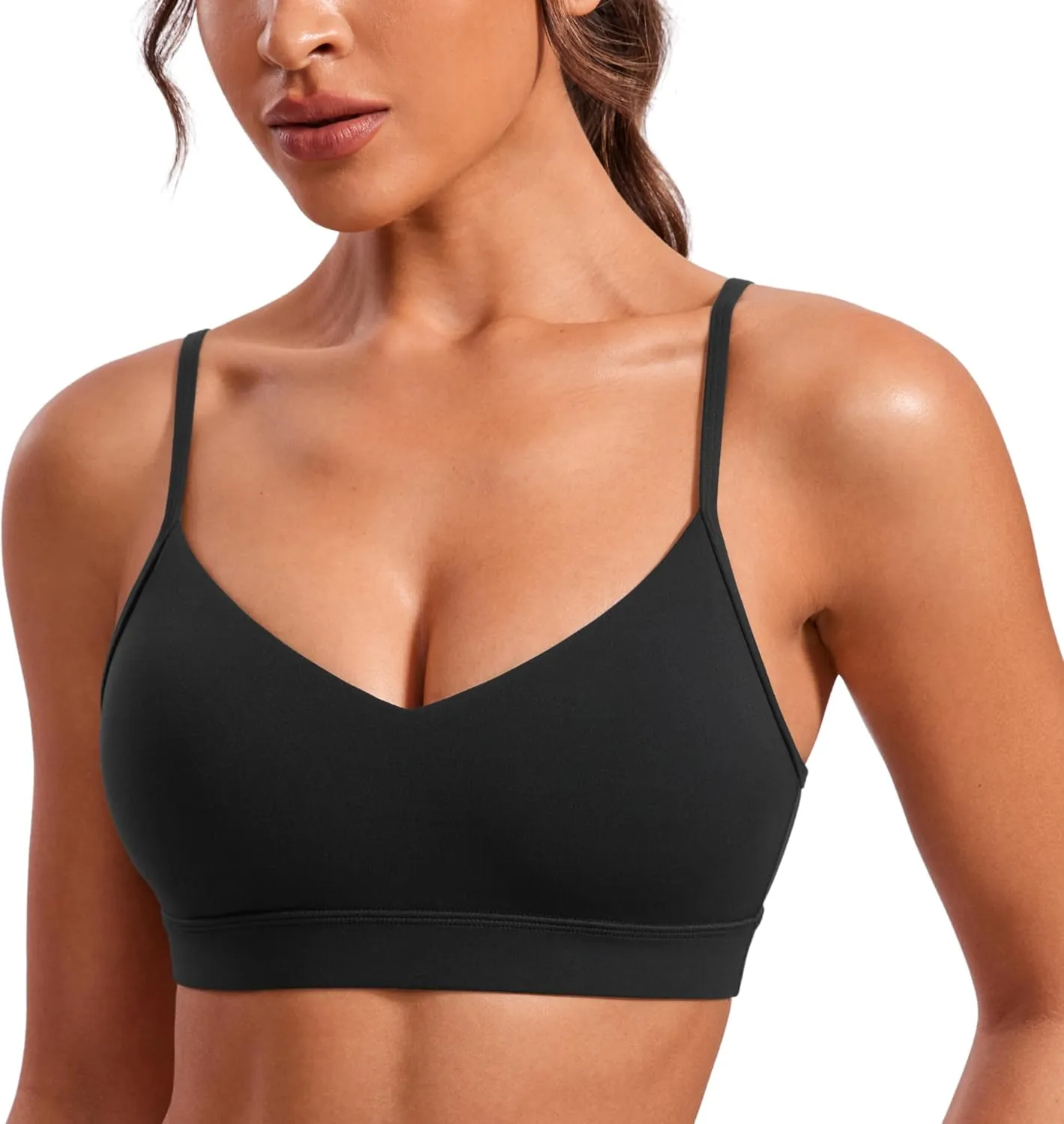 CRZ YOGA Butterluxe V-Neck Sports Bras for Women - Adjustable Thin Straps Padded Yoga Top Basic Wireless Camisole