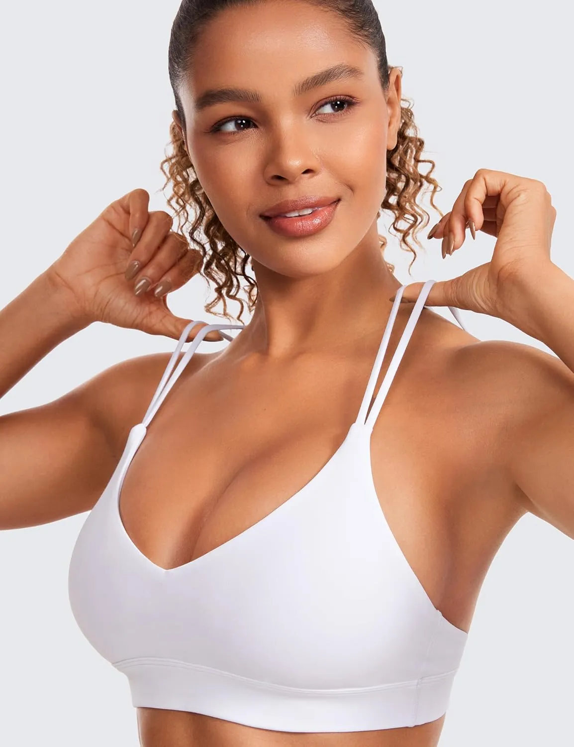 CRZ YOGA Butterluxe V Neck Strappy Sports Bras for Women - Thin Spaghetti Strap Padded Wireless Yoga Crop Top