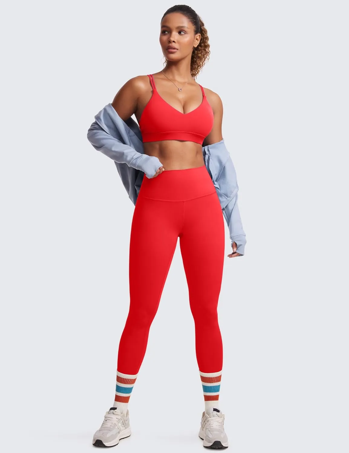 CRZ YOGA Butterluxe V Neck Strappy Sports Bras for Women - Thin Spaghetti Strap Padded Wireless Yoga Crop Top