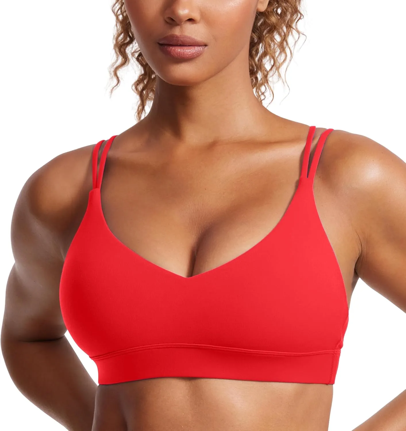 CRZ YOGA Butterluxe V Neck Strappy Sports Bras for Women - Thin Spaghetti Strap Padded Wireless Yoga Crop Top