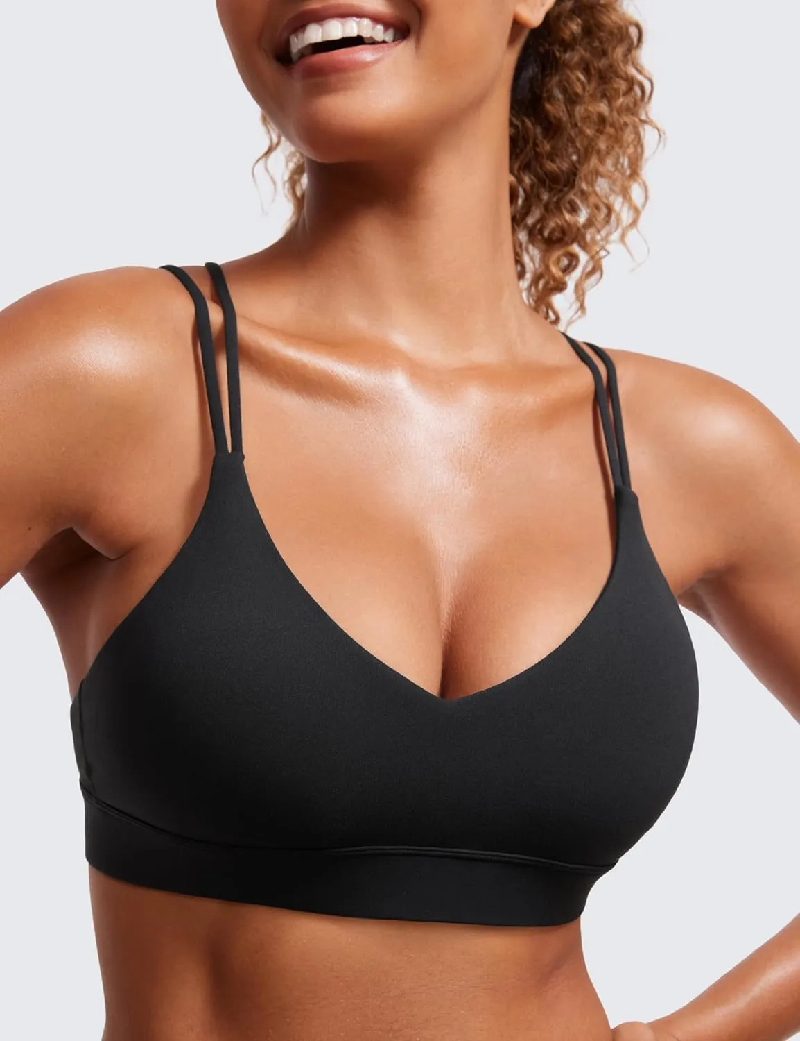 CRZ YOGA Butterluxe V Neck Strappy Sports Bras for Women - Thin Spaghetti Strap Padded Wireless Yoga Crop Top
