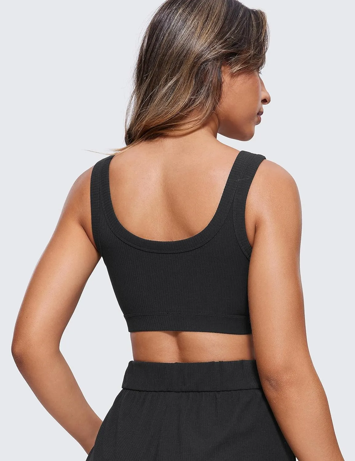 CRZ YOGA Ribbed Sports Bras for Women - U Back Wireless Medium Impact Padded Yoga Workout Cami