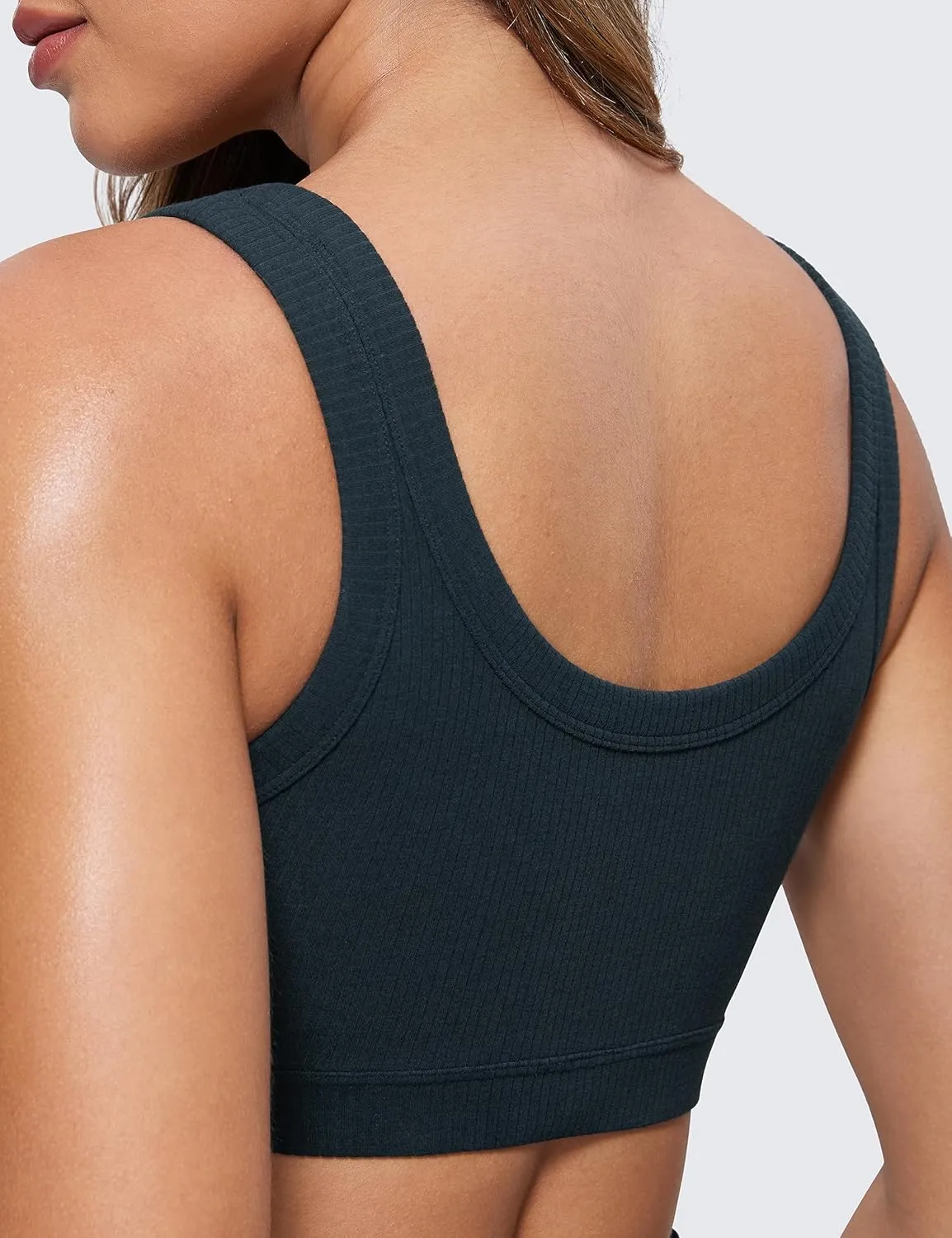 CRZ YOGA Ribbed Sports Bras for Women - U Back Wireless Medium Impact Padded Yoga Workout Cami
