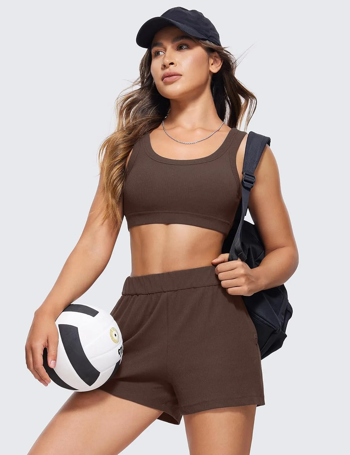 CRZ YOGA Ribbed Sports Bras for Women - U Back Wireless Medium Impact Padded Yoga Workout Cami
