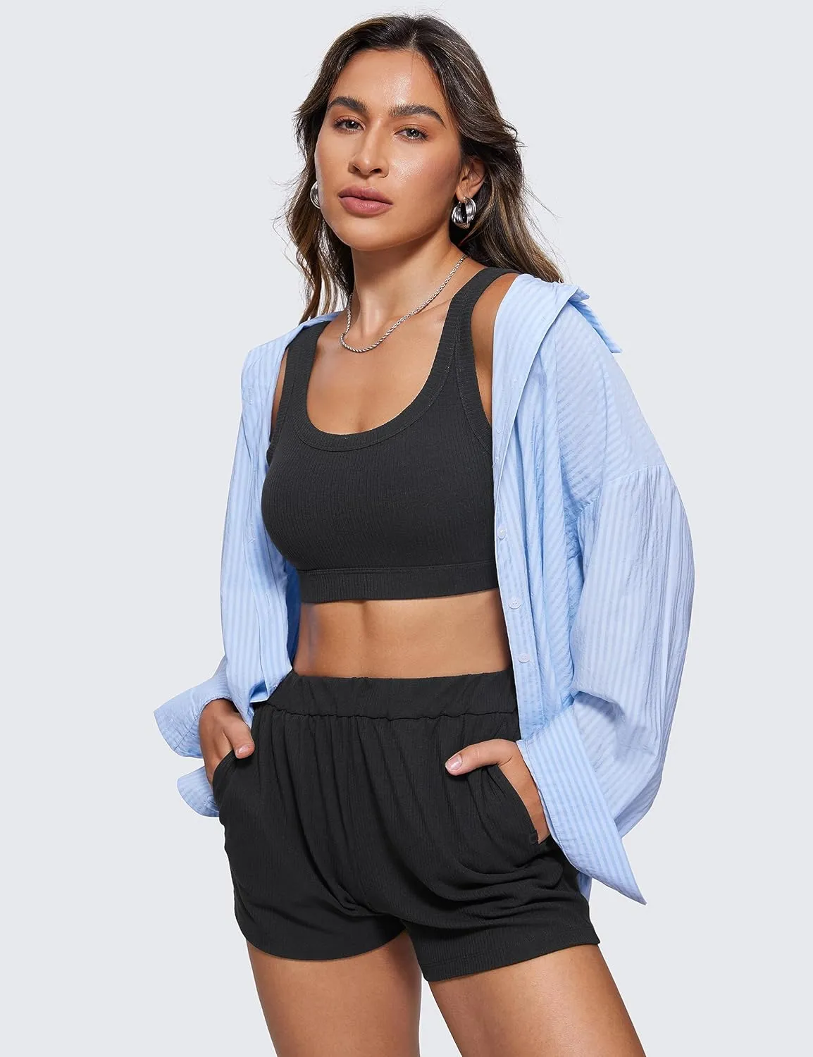 CRZ YOGA Ribbed Sports Bras for Women - U Back Wireless Medium Impact Padded Yoga Workout Cami