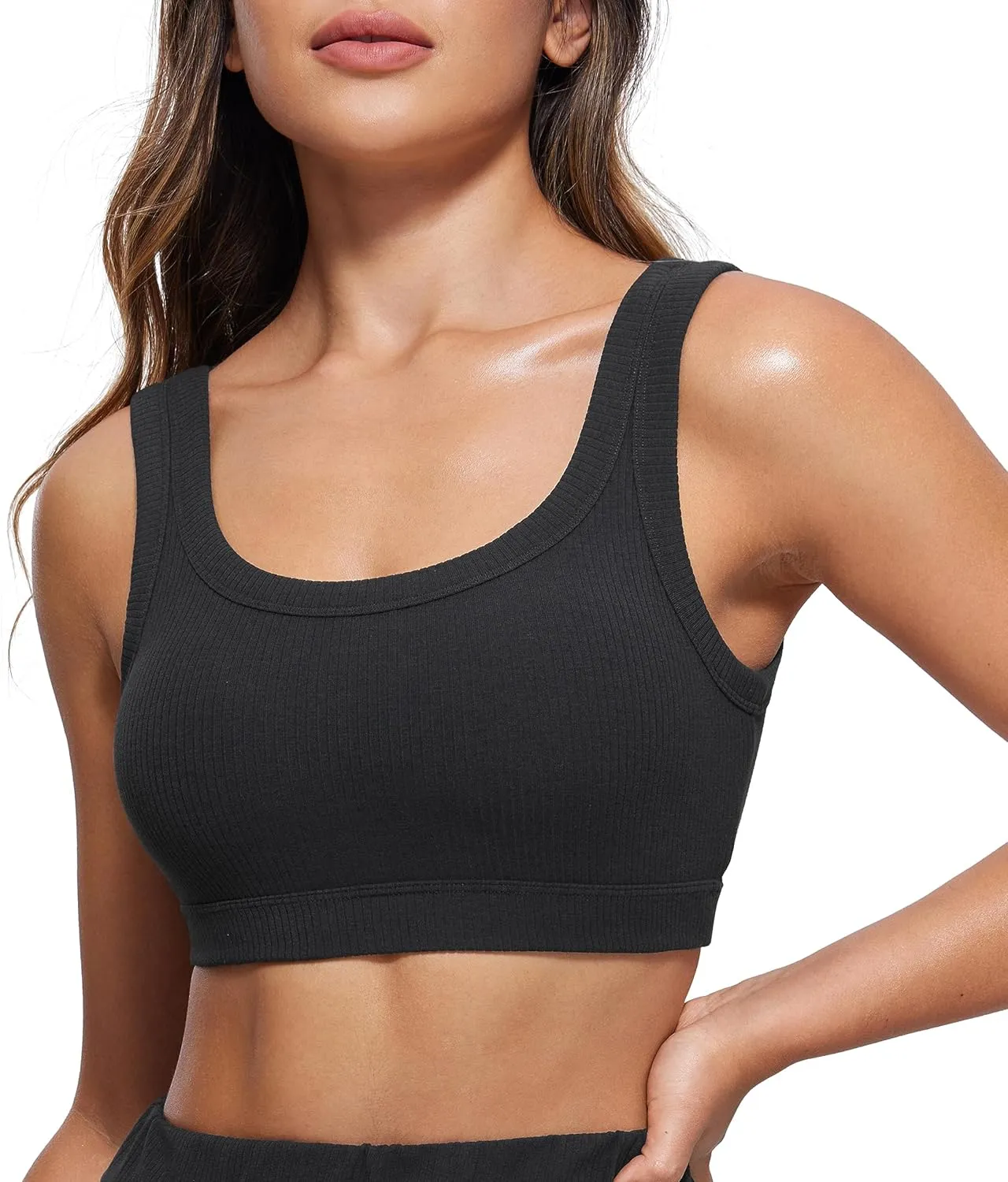 CRZ YOGA Ribbed Sports Bras for Women - U Back Wireless Medium Impact Padded Yoga Workout Cami