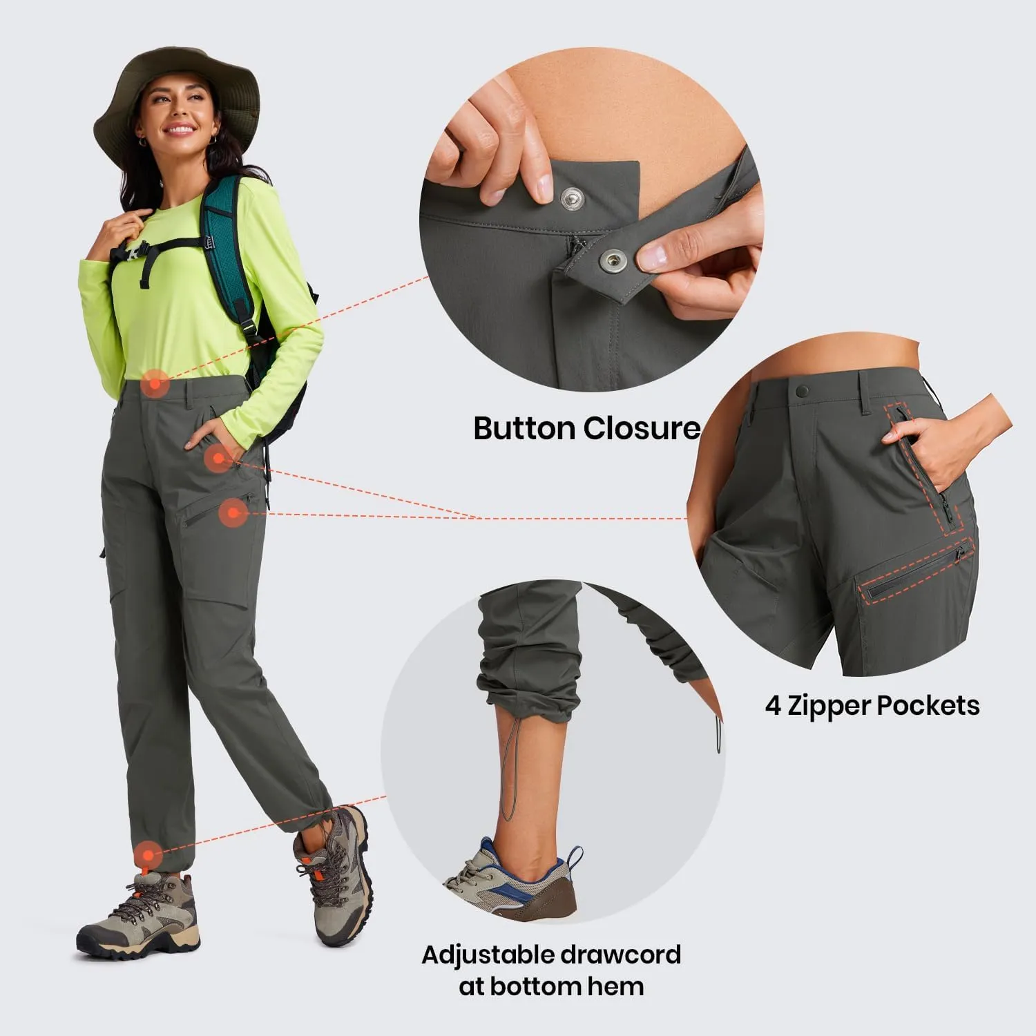 CRZ YOGA UPF 50  Hiking Cargo Pants Women Water Resistant Lightweight Outdoor Athletic Joggers with 4 Zipper Pockets