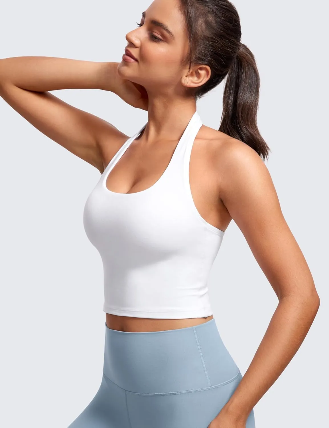 CRZ YOGA Womens Butterluxe Halter Longline Sports Bra - Padded Workout Yoga Crop Tops Tanks with Built in Pads