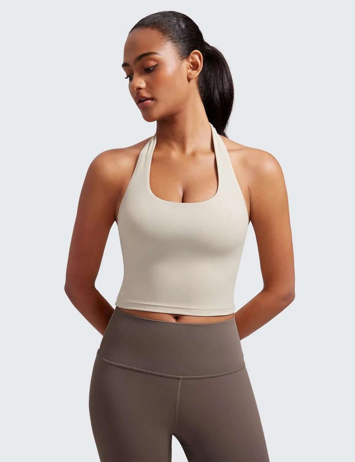 CRZ YOGA Womens Butterluxe Halter Longline Sports Bra - Padded Workout Yoga Crop Tops Tanks with Built in Pads