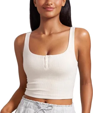 CRZ YOGA Womens Ribbed Henley Longline Sports Bras - Square Back Padded Yoga Workout Crop Tank Top with Built in Pads