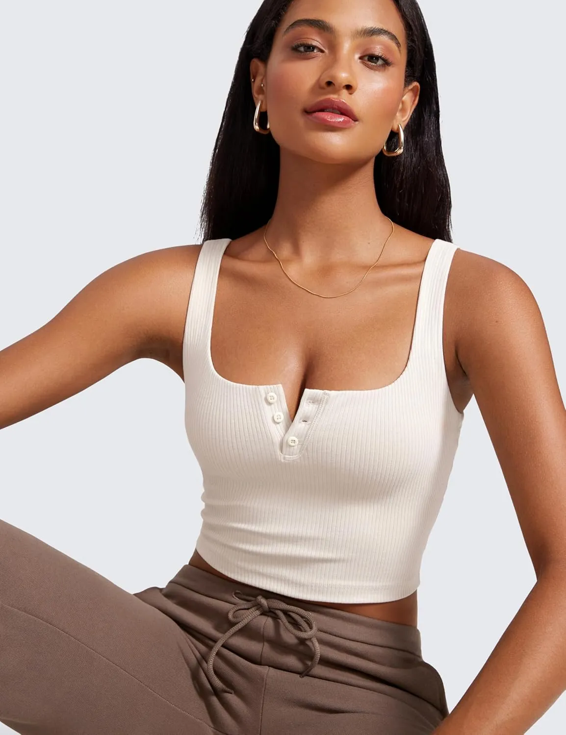 CRZ YOGA Womens Ribbed Henley Longline Sports Bras - Square Back Padded Yoga Workout Crop Tank Top with Built in Pads
