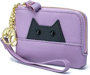 Cute Cat Small Coin Purse Zipper Wristlet Purses for Women Minimalist Change Purse With Keychain Compact Leather Wallet for Credit Card Cosmetic Jewelry (Purple)