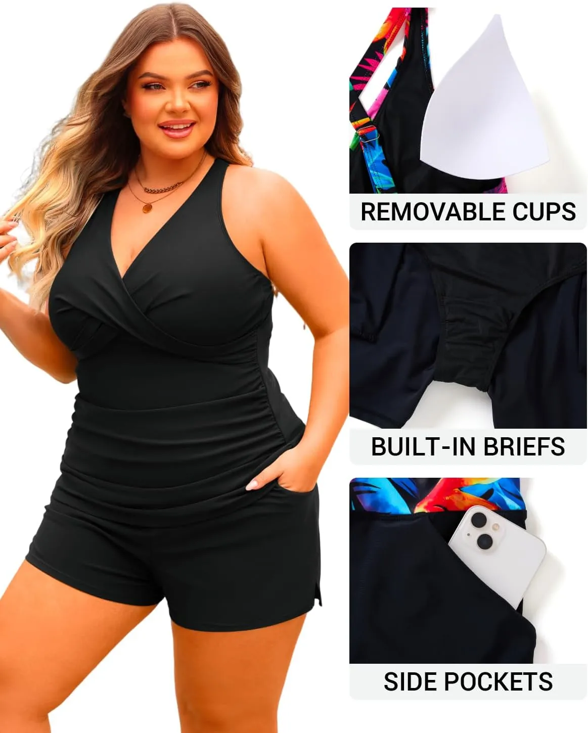 Daci Plus Size Tankini Swimsuit for Women - Two Piece Tummy Control Bathing Suit Tankini Top with Two Pockets Shorts