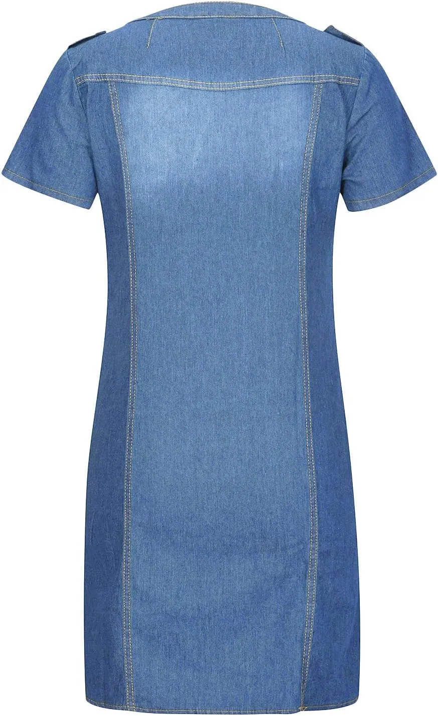 Denim Dress for Women Button Up Jean Shirt Vacation Dresses Casual Summer Tshirt Mini Dress Bussiness Work Dress
