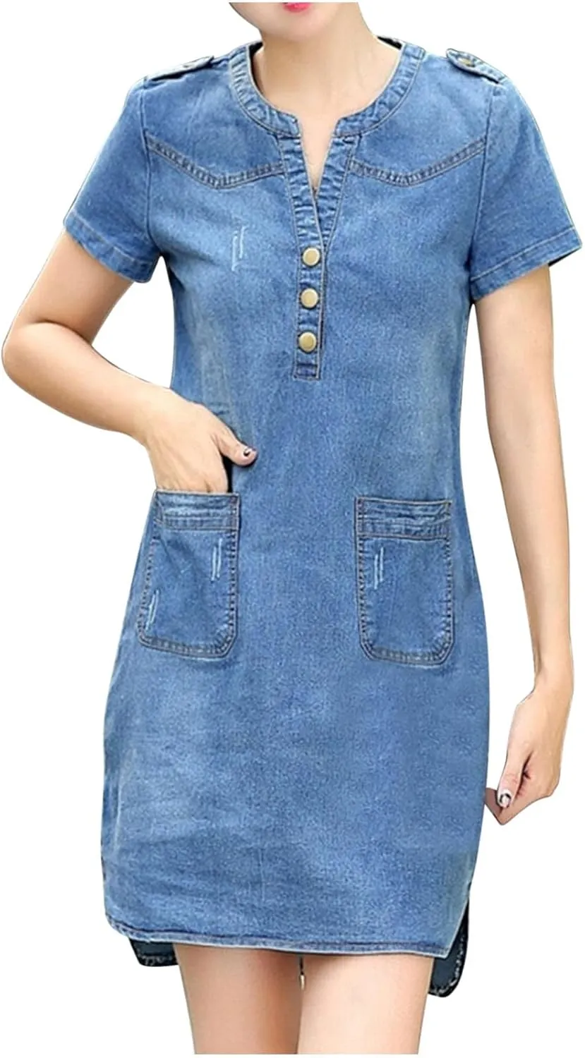 Denim Dress for Women Button Up Jean Shirt Vacation Dresses Casual Summer Tshirt Mini Dress Bussiness Work Dress