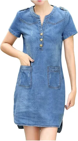 Denim Dress for Women Button Up Jean Shirt Vacation Dresses Casual Summer Tshirt Mini Dress Bussiness Work Dress