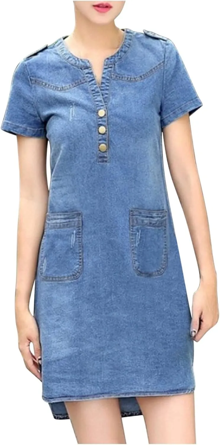 Denim Dress for Women Button Up Jean Shirt Vacation Dresses Casual Summer Tshirt Mini Dress Bussiness Work Dress