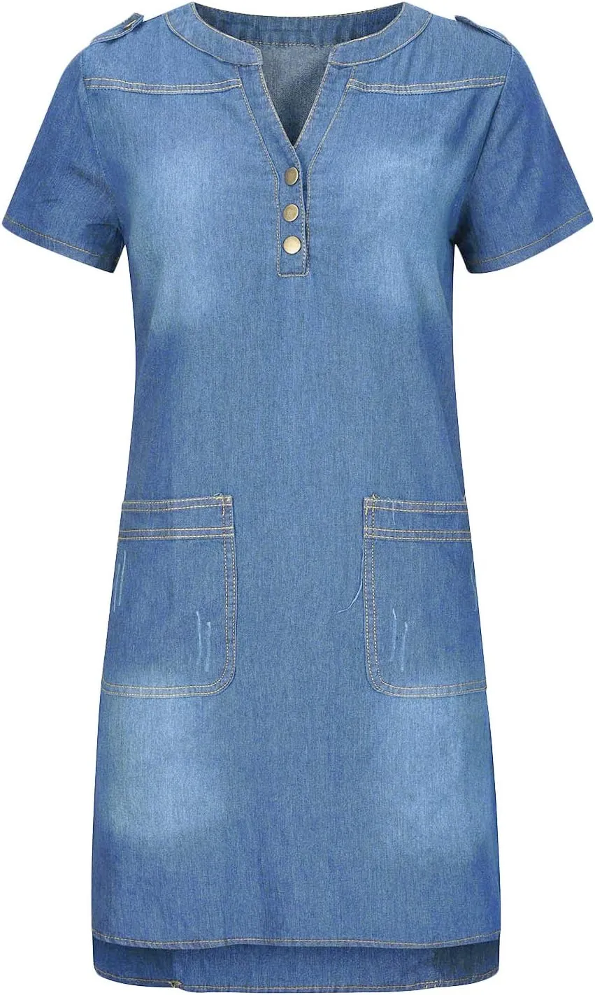 Denim Dress for Women Button Up Jean Shirt Vacation Dresses Casual Summer Tshirt Mini Dress Bussiness Work Dress