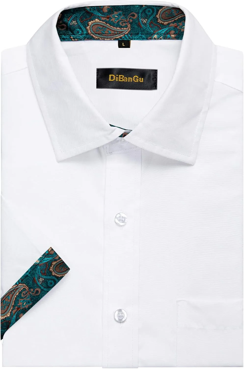 DiBanGu Men's Casual Dress Shirt Cotton Short Sleeve Button Down Shirts Regular Fit Paisley Solid Contrast Design