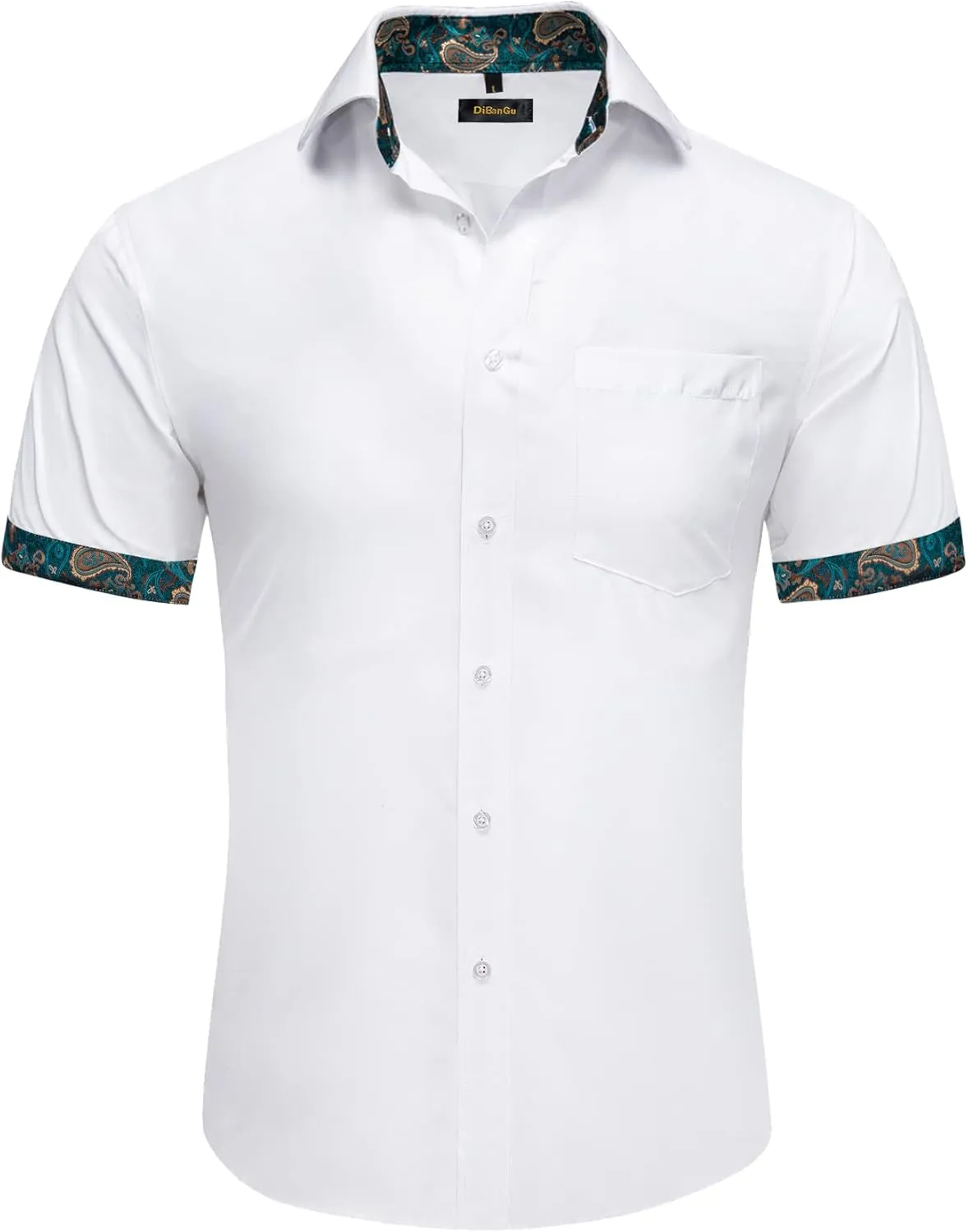 DiBanGu Men's Casual Dress Shirt Cotton Short Sleeve Button Down Shirts Regular Fit Paisley Solid Contrast Design