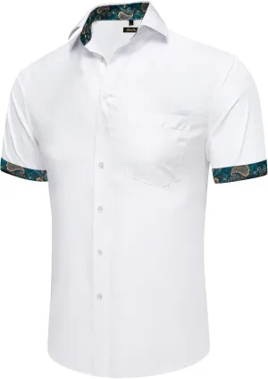 DiBanGu Men's Casual Dress Shirt Cotton Short Sleeve Button Down Shirts Regular Fit Paisley Solid Contrast Design