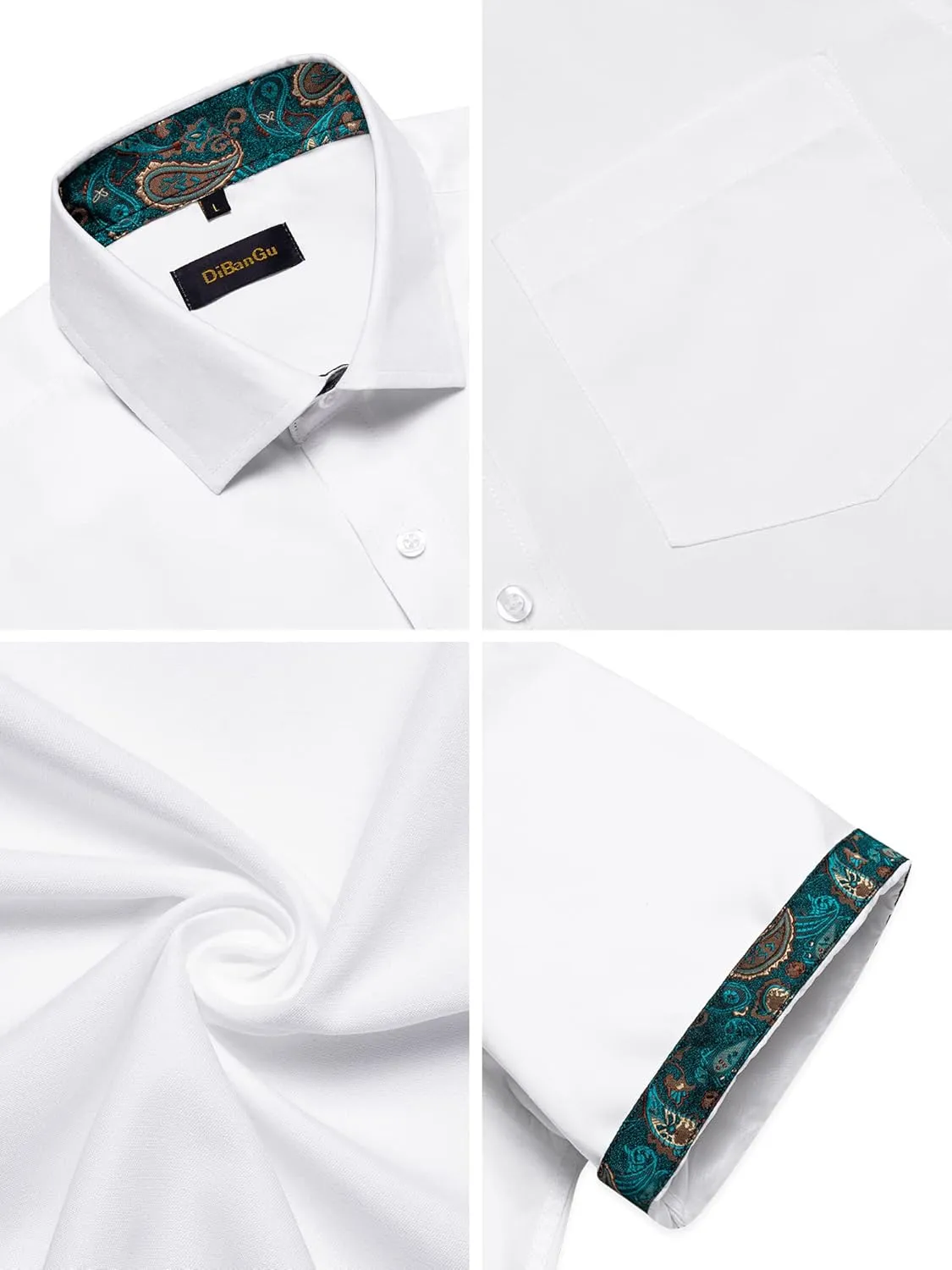 DiBanGu Men's Casual Dress Shirt Cotton Short Sleeve Button Down Shirts Regular Fit Paisley Solid Contrast Design