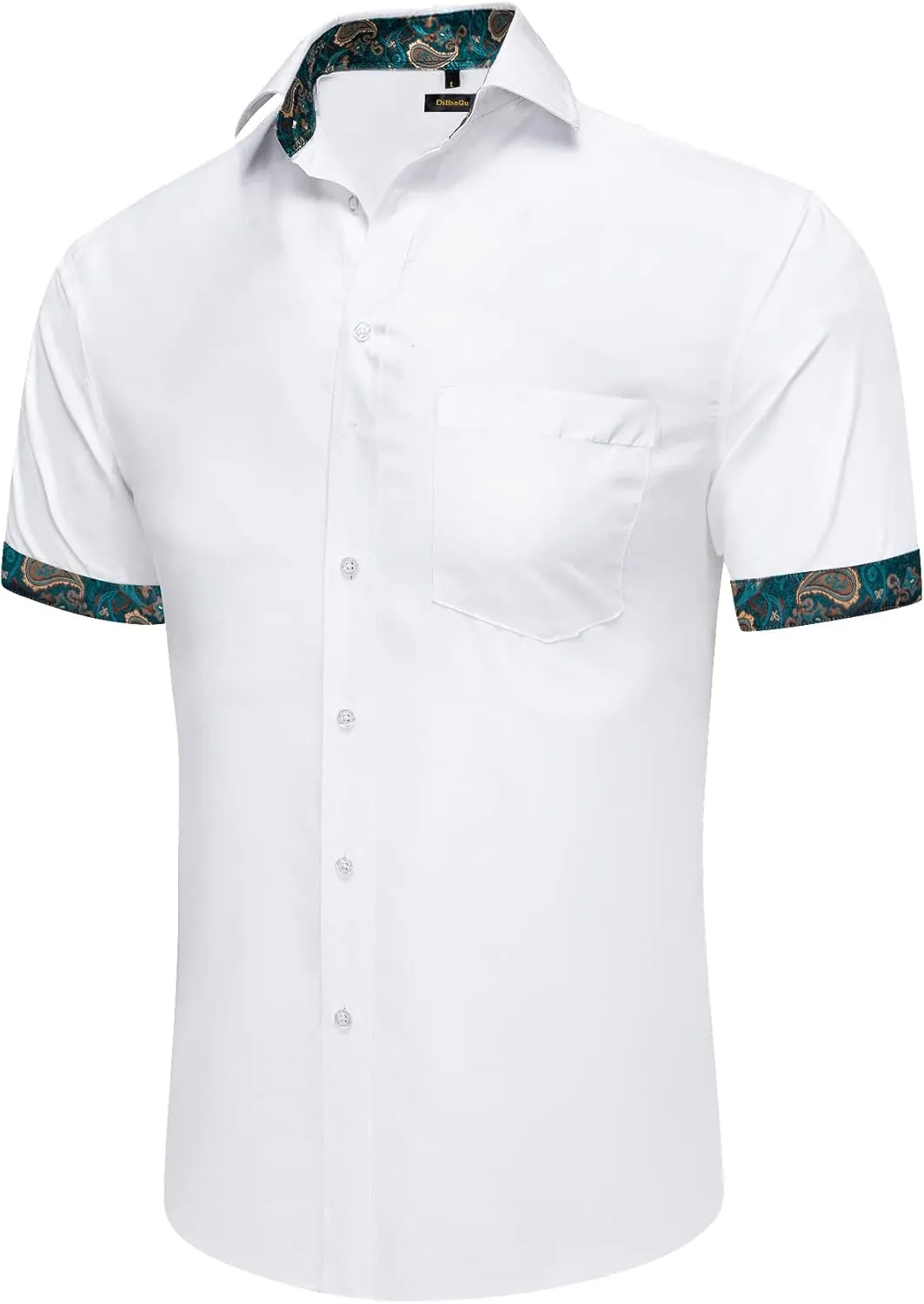 DiBanGu Men's Casual Dress Shirt Cotton Short Sleeve Button Down Shirts Regular Fit Paisley Solid Contrast Design