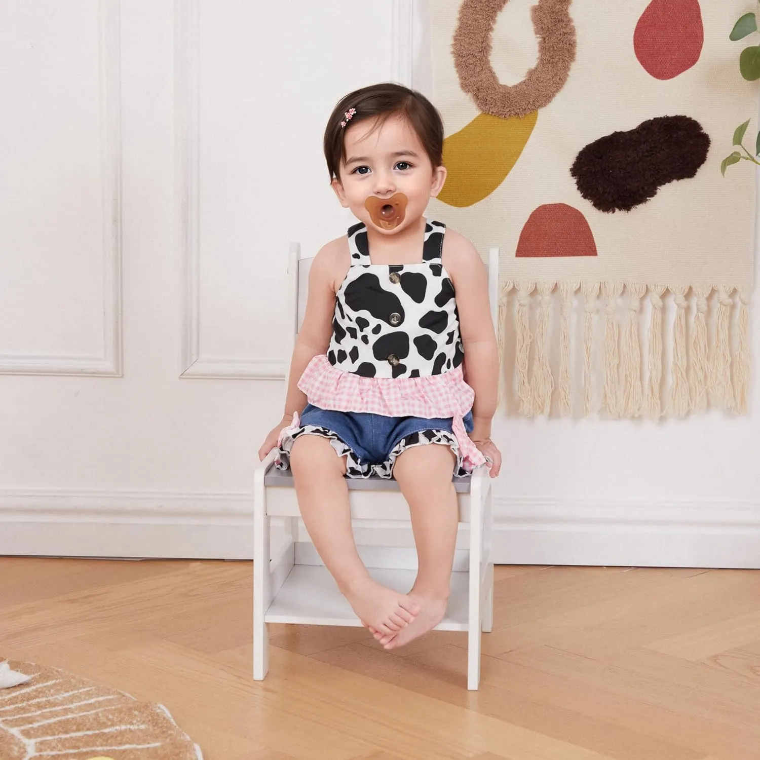Emmababy Toddler Cowgirl Outfit Denim Set Kids Jean Shorts Ruffle Crop Tank Top and Ripped Denim Outfit Western Clothes 0-6T