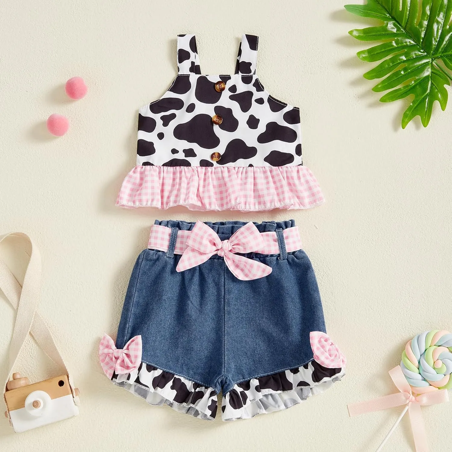 Emmababy Toddler Cowgirl Outfit Denim Set Kids Jean Shorts Ruffle Crop Tank Top and Ripped Denim Outfit Western Clothes 0-6T