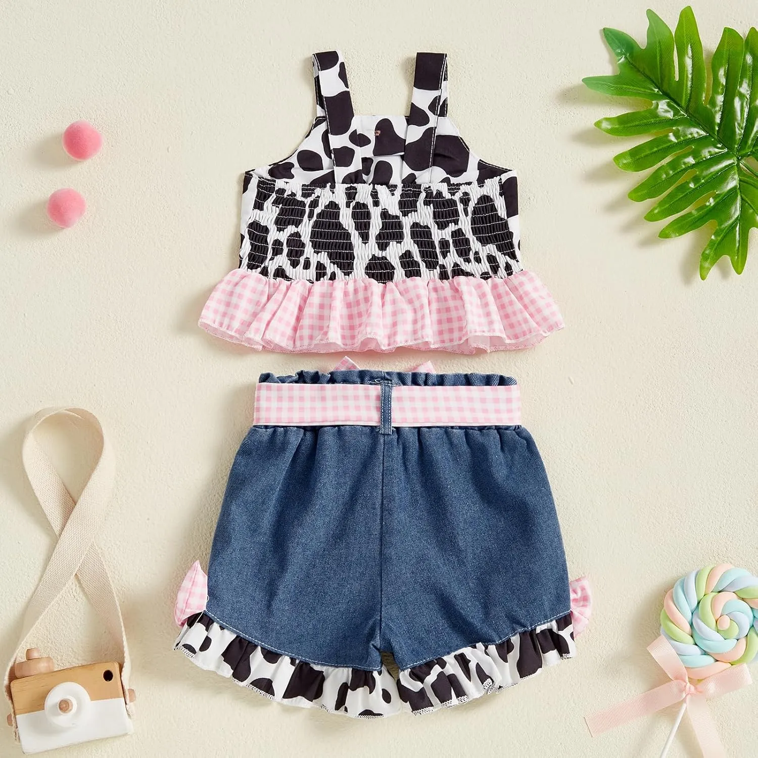 Emmababy Toddler Cowgirl Outfit Denim Set Kids Jean Shorts Ruffle Crop Tank Top and Ripped Denim Outfit Western Clothes 0-6T