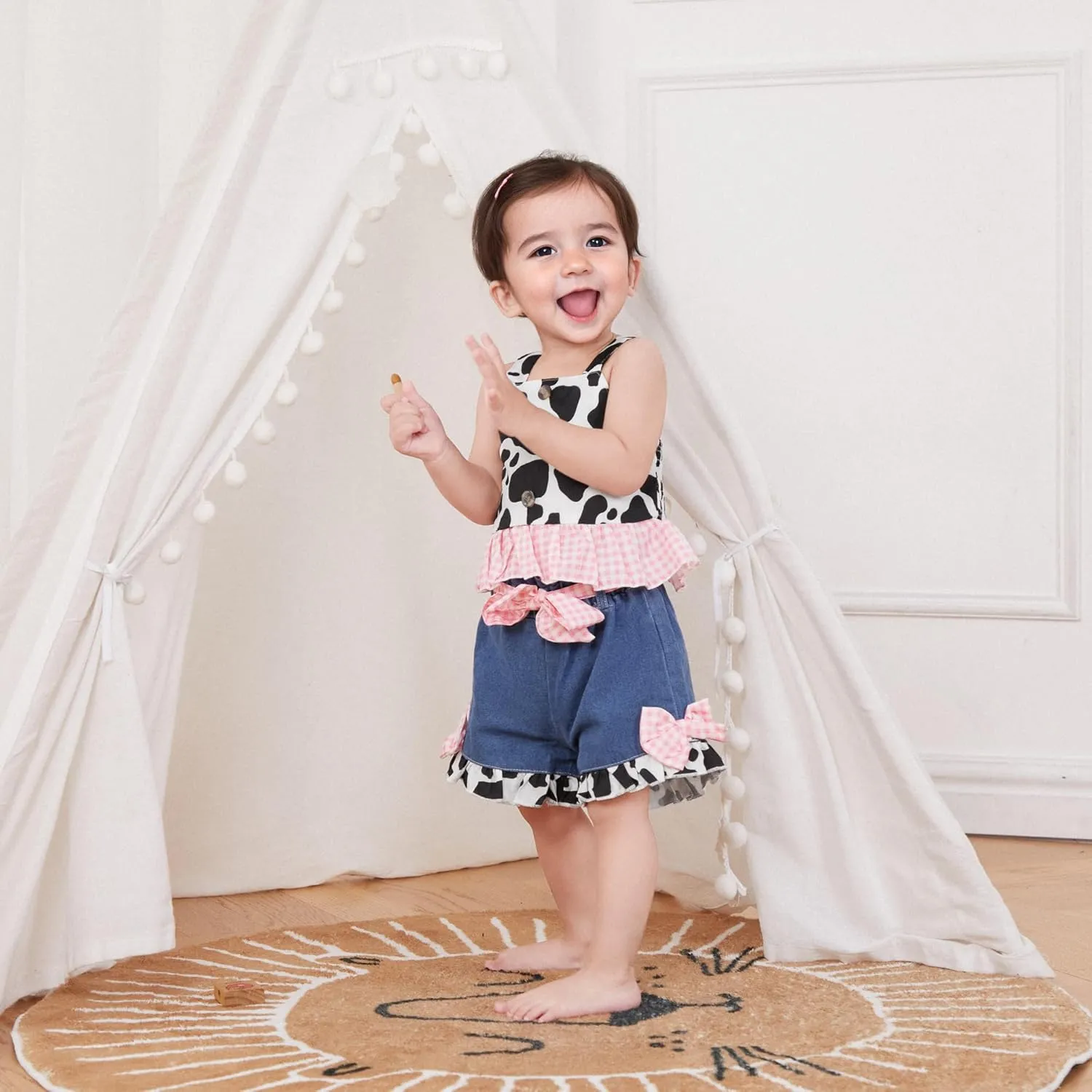 Emmababy Toddler Cowgirl Outfit Denim Set Kids Jean Shorts Ruffle Crop Tank Top and Ripped Denim Outfit Western Clothes 0-6T