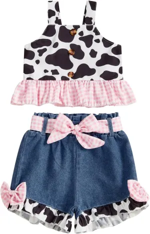Emmababy Toddler Cowgirl Outfit Denim Set Kids Jean Shorts Ruffle Crop Tank Top and Ripped Denim Outfit Western Clothes 0-6T
