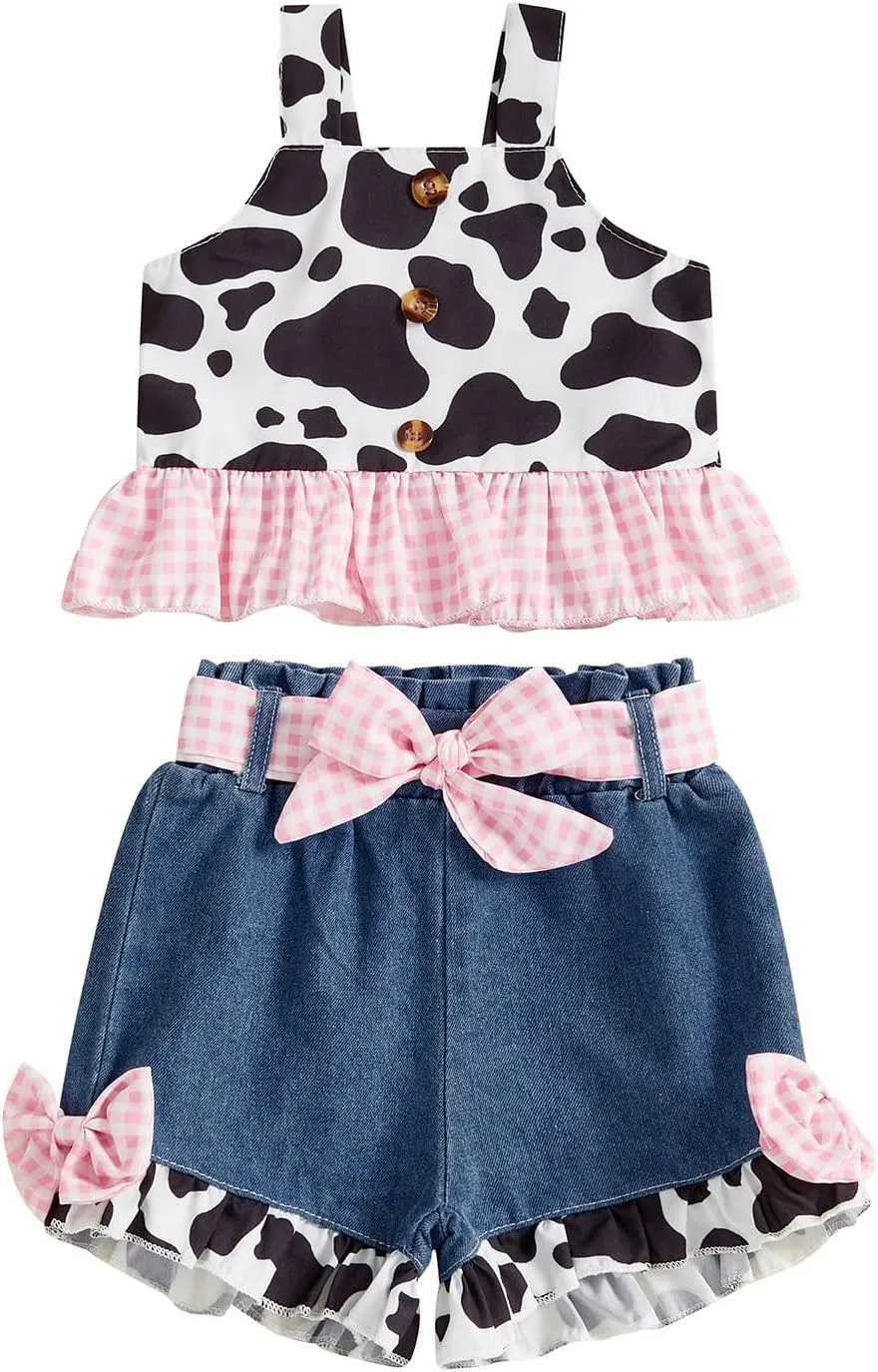 Emmababy Toddler Cowgirl Outfit Denim Set Kids Jean Shorts Ruffle Crop Tank Top and Ripped Denim Outfit Western Clothes 0-6T