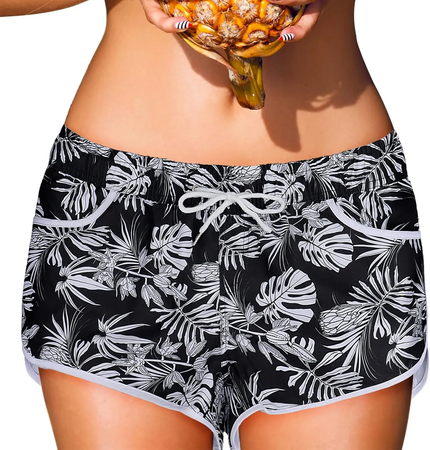 ESTAMICO Women Board Shorts with Liner Quick Dry UPF 50  Drawstring Floral Print Swim Trunk with Pockets
