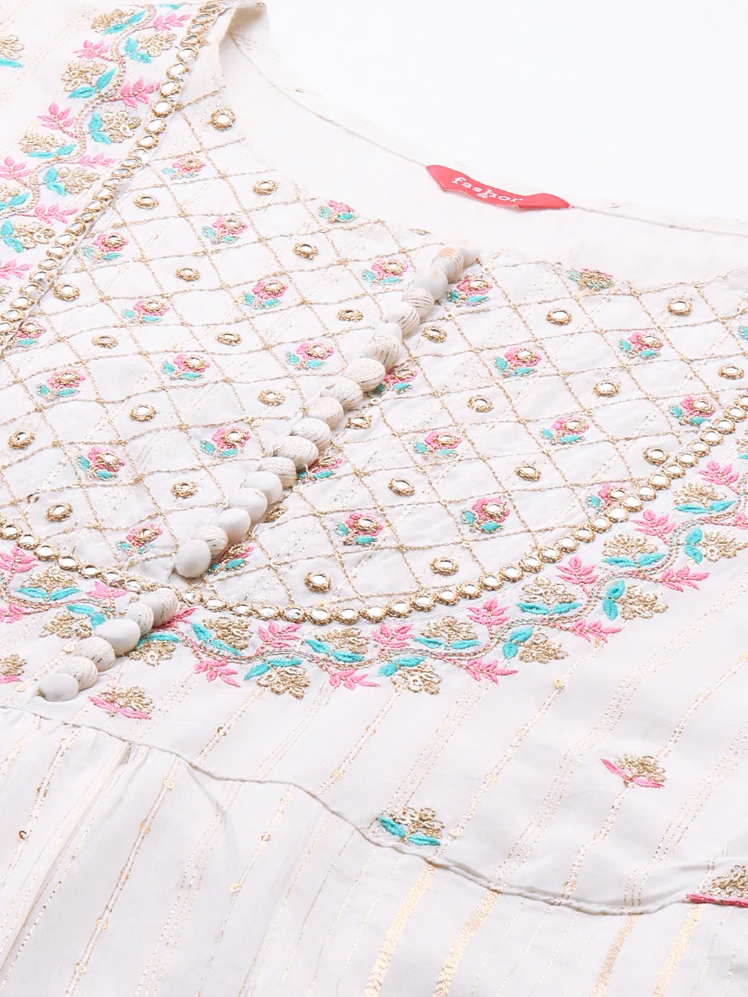 Ethnic Embroidered A-Line Flared Kurta with Pants and Dupatta - White