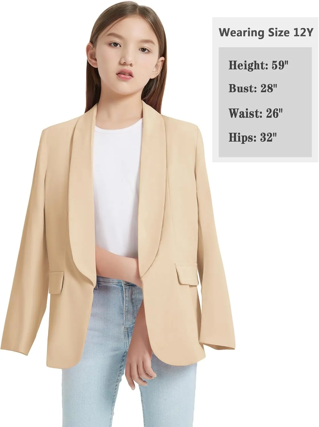 EXARUS Girls Blazer Long Sleeve Shawl Collar Formal Blazers Suit Jacket Open Front Inner Pocket for Kids Size 6-12 Year