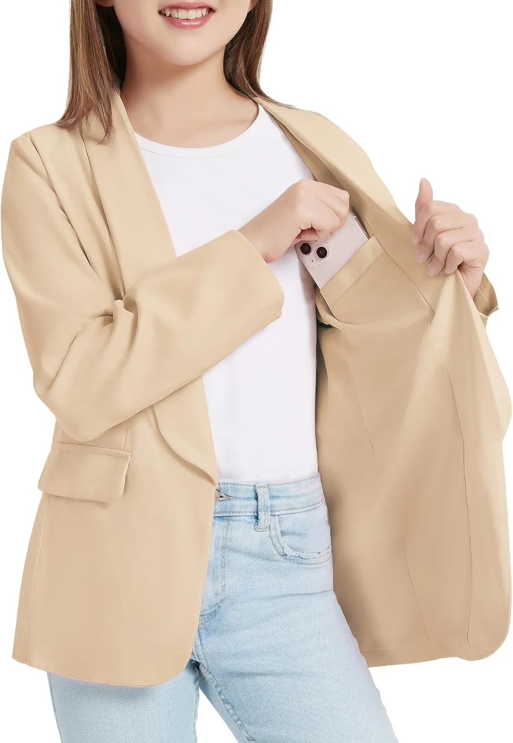 EXARUS Girls Blazer Long Sleeve Shawl Collar Formal Blazers Suit Jacket Open Front Inner Pocket for Kids Size 6-12 Year