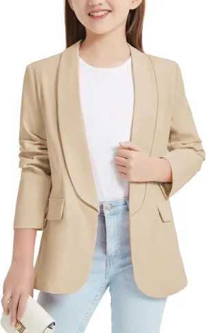 EXARUS Girls Blazer Long Sleeve Shawl Collar Formal Blazers Suit Jacket Open Front Inner Pocket for Kids Size 6-12 Year