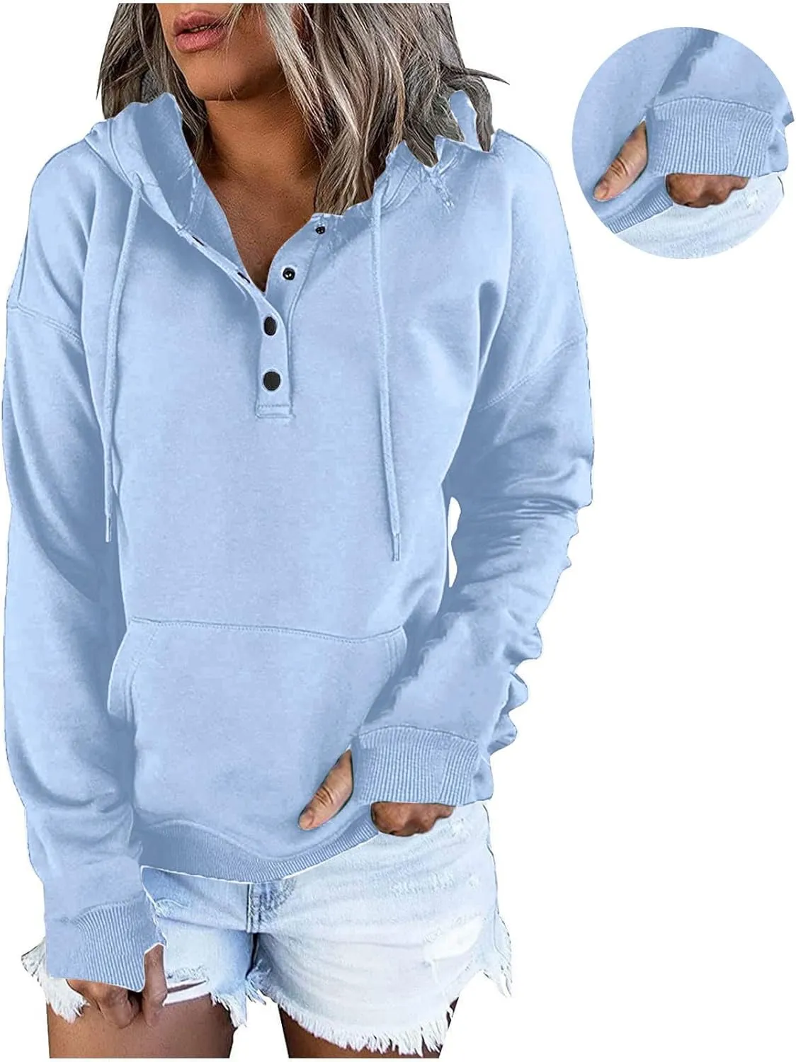 Fall Hoodies for Women Fashion 2023 Button Down Thumb Hole Hooded Sweatshirt Casual Pullover Tops with Kangaroo Pocket
