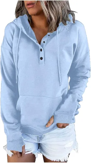 Fall Hoodies for Women Fashion 2023 Button Down Thumb Hole Hooded Sweatshirt Casual Pullover Tops with Kangaroo Pocket