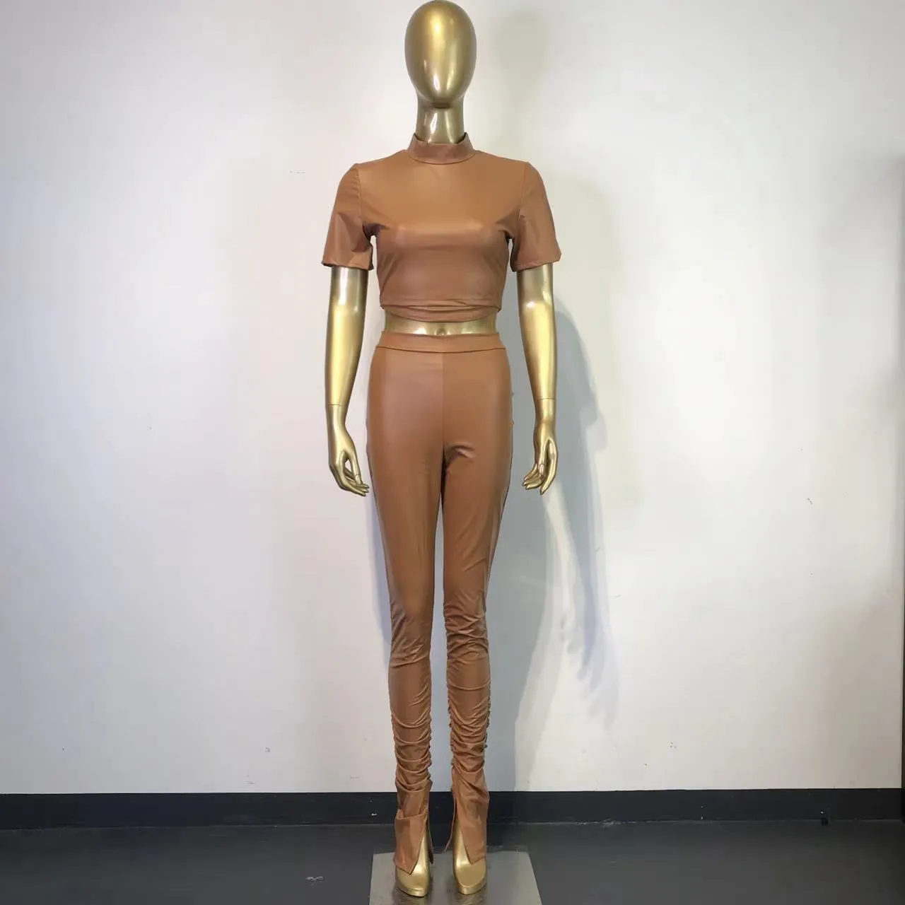 Fashion skinny stretch PU leather pants two-piece set（AY1764）