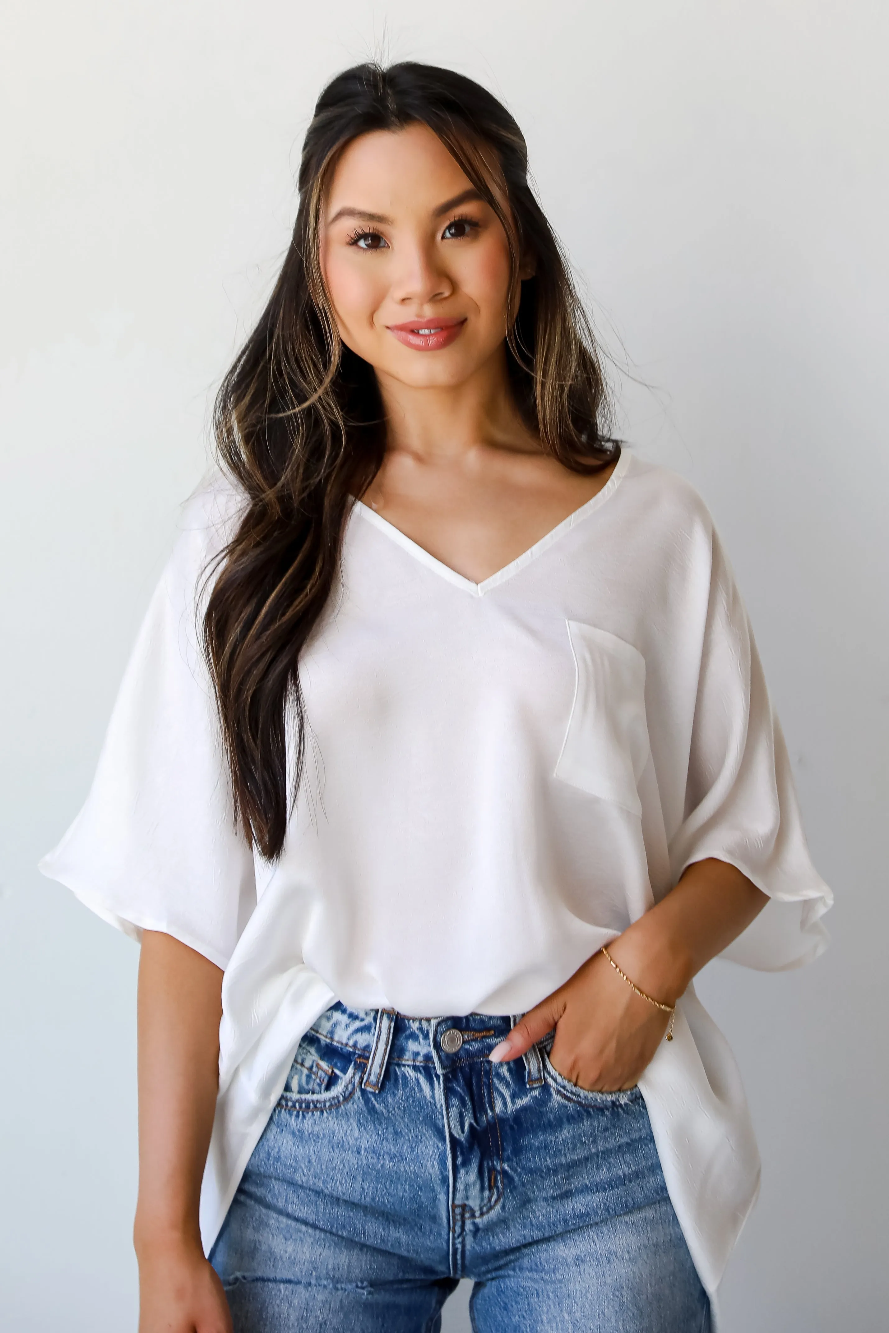 FINAL SALE - Glamorous Dedication Off White Oversized Satin Blouse