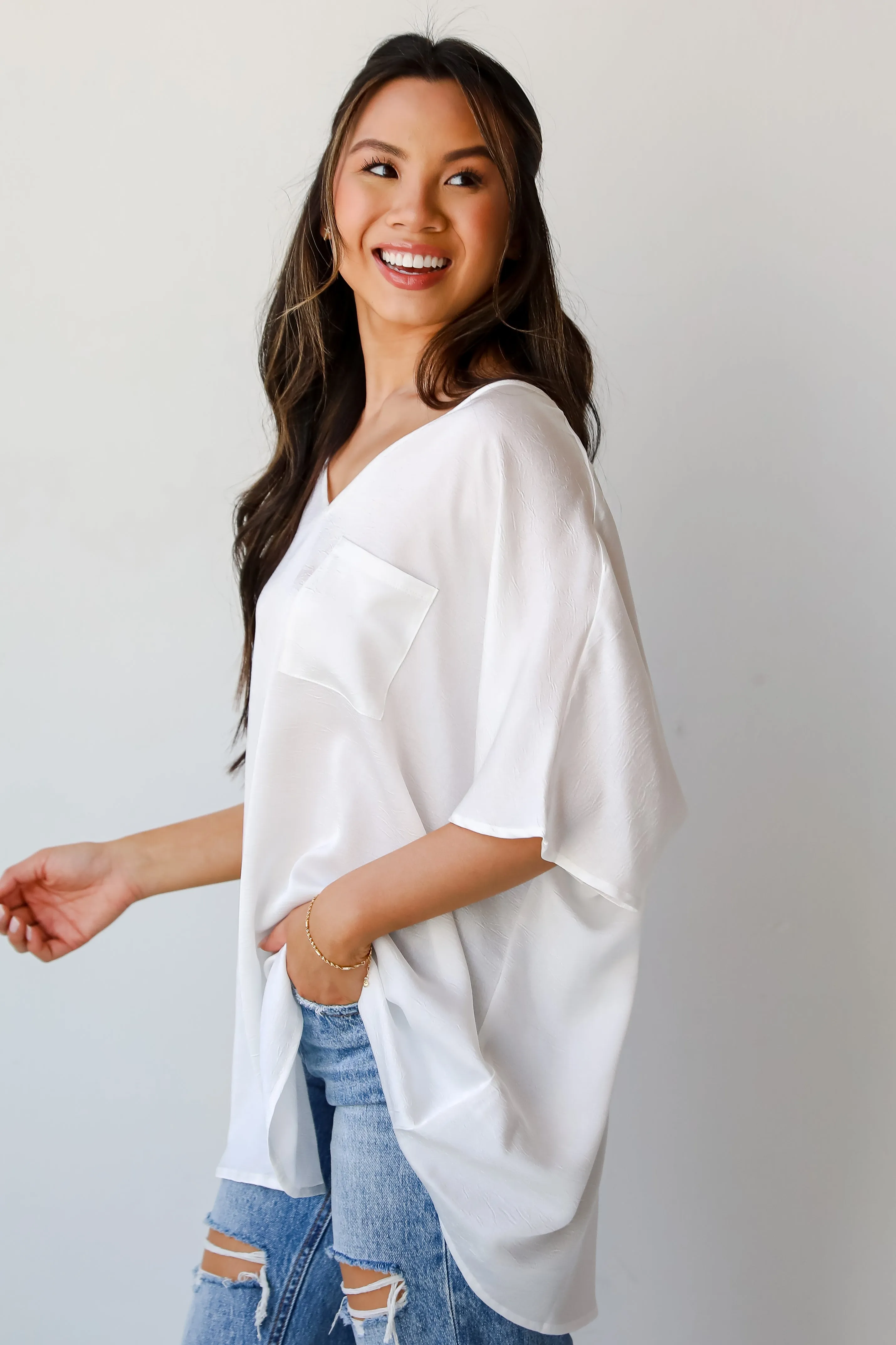 FINAL SALE - Glamorous Dedication Off White Oversized Satin Blouse