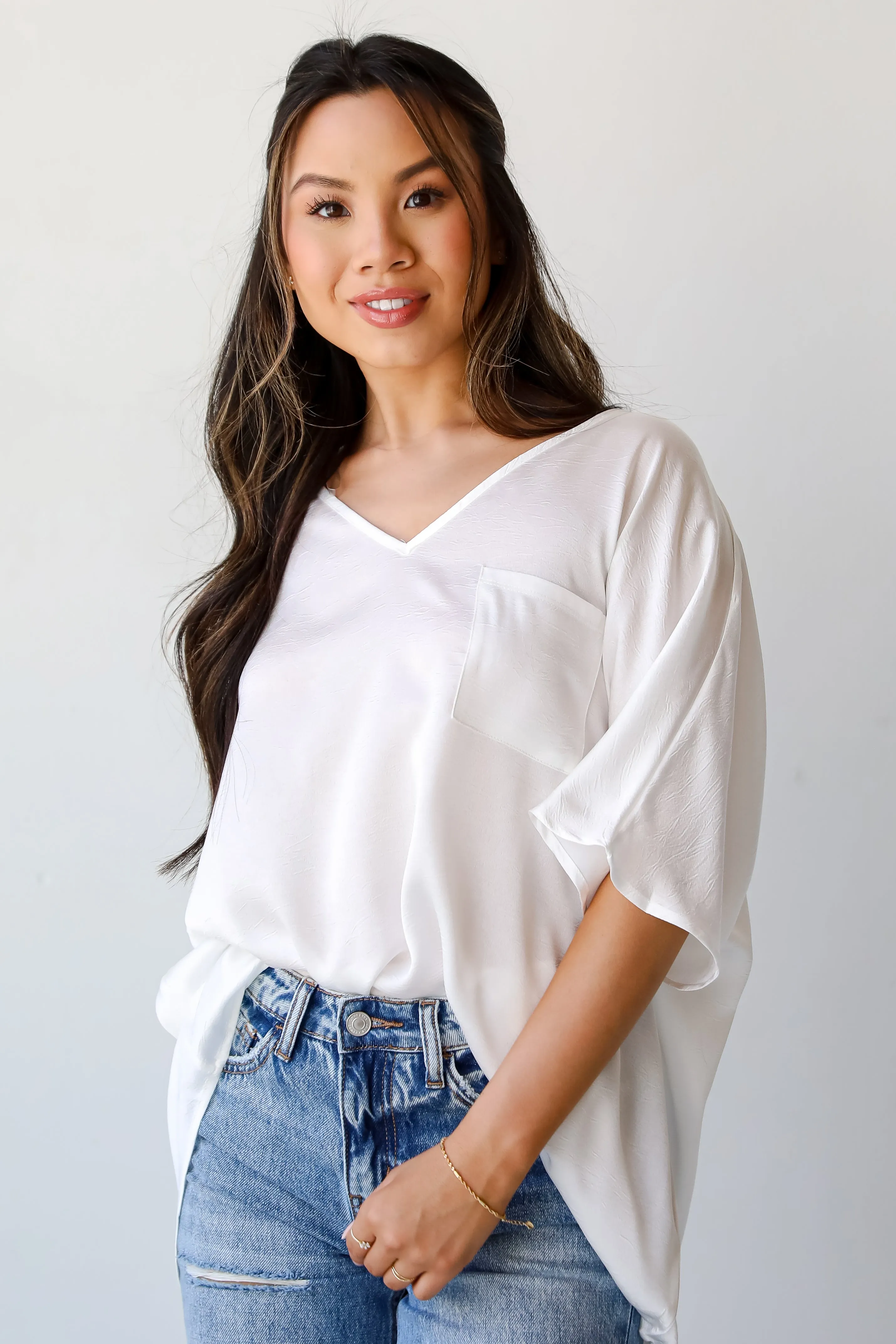 FINAL SALE - Glamorous Dedication Off White Oversized Satin Blouse