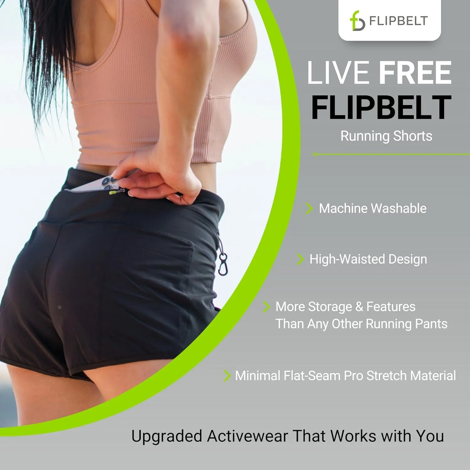 FlipBelt Womens Running Shorts  Built-in FlipBelt Running Belt for Phone/Essentials, Zipper Closure, USA Company