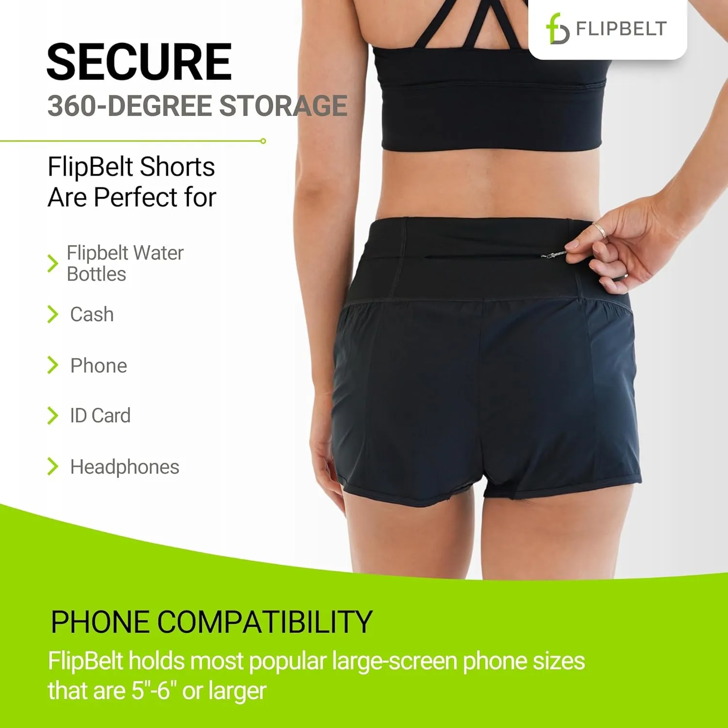 FlipBelt Womens Running Shorts  Built-in FlipBelt Running Belt for Phone/Essentials, Zipper Closure, USA Company