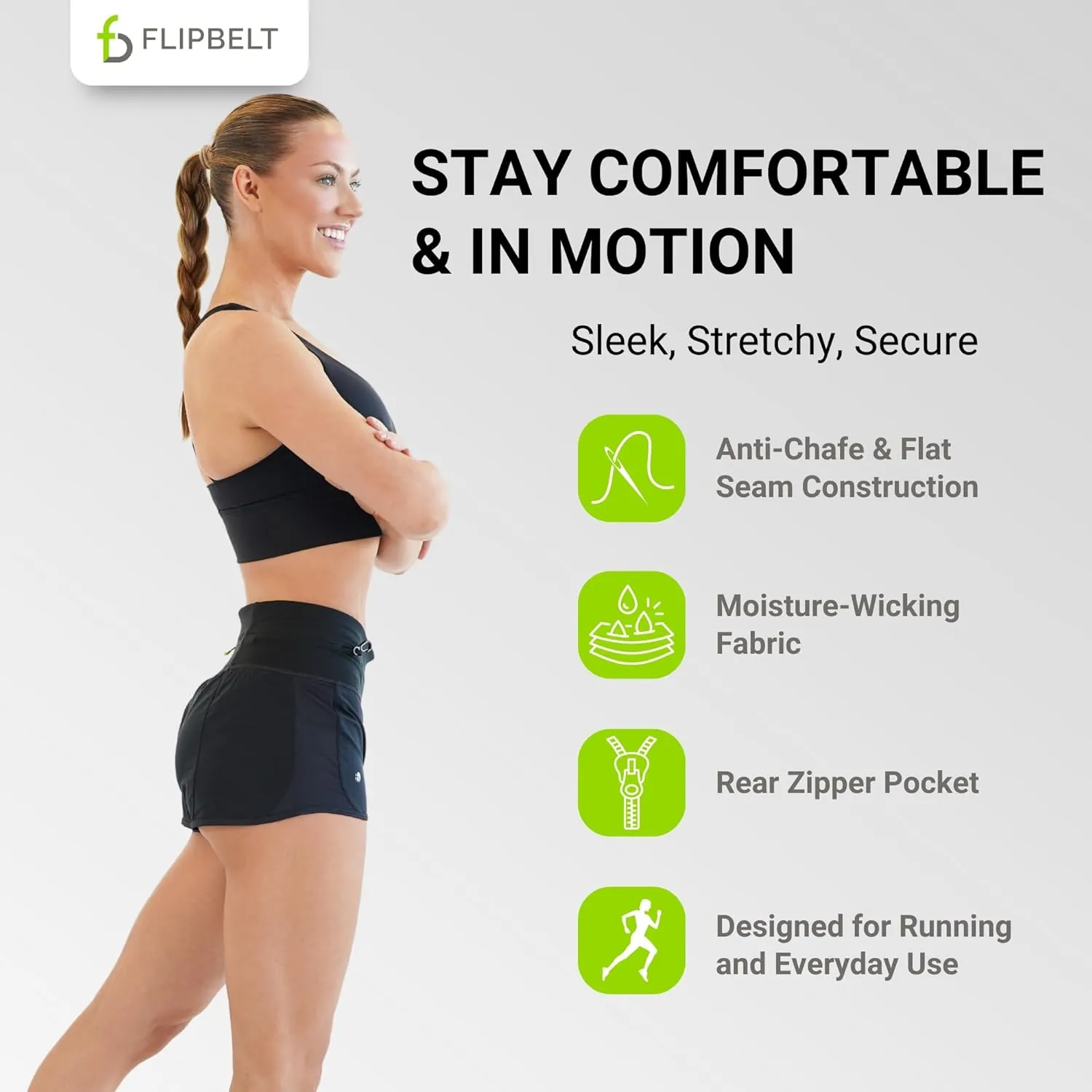FlipBelt Womens Running Shorts  Built-in FlipBelt Running Belt for Phone/Essentials, Zipper Closure, USA Company