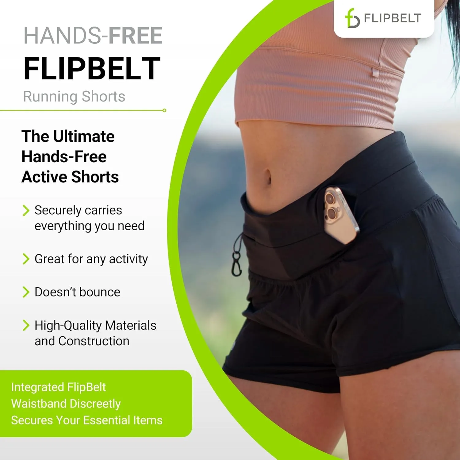 FlipBelt Womens Running Shorts  Built-in FlipBelt Running Belt for Phone/Essentials, Zipper Closure, USA Company
