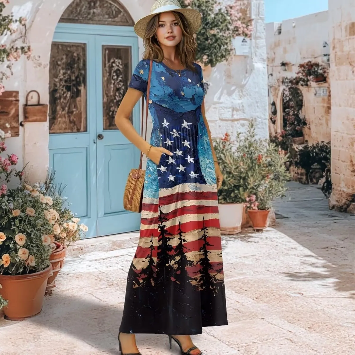 Floral Print Womens Sundress Summer A-Line Maxi Dress Men's Hawaiian Button Down Shirts and Beach Shorts