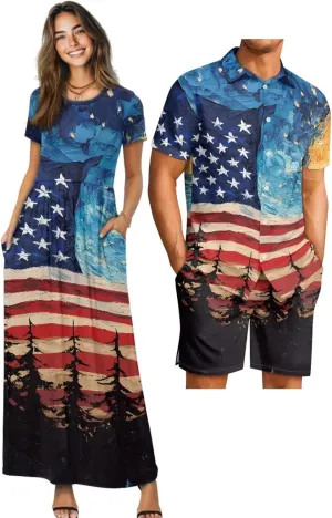 Floral Print Womens Sundress Summer A-Line Maxi Dress Men's Hawaiian Button Down Shirts and Beach Shorts